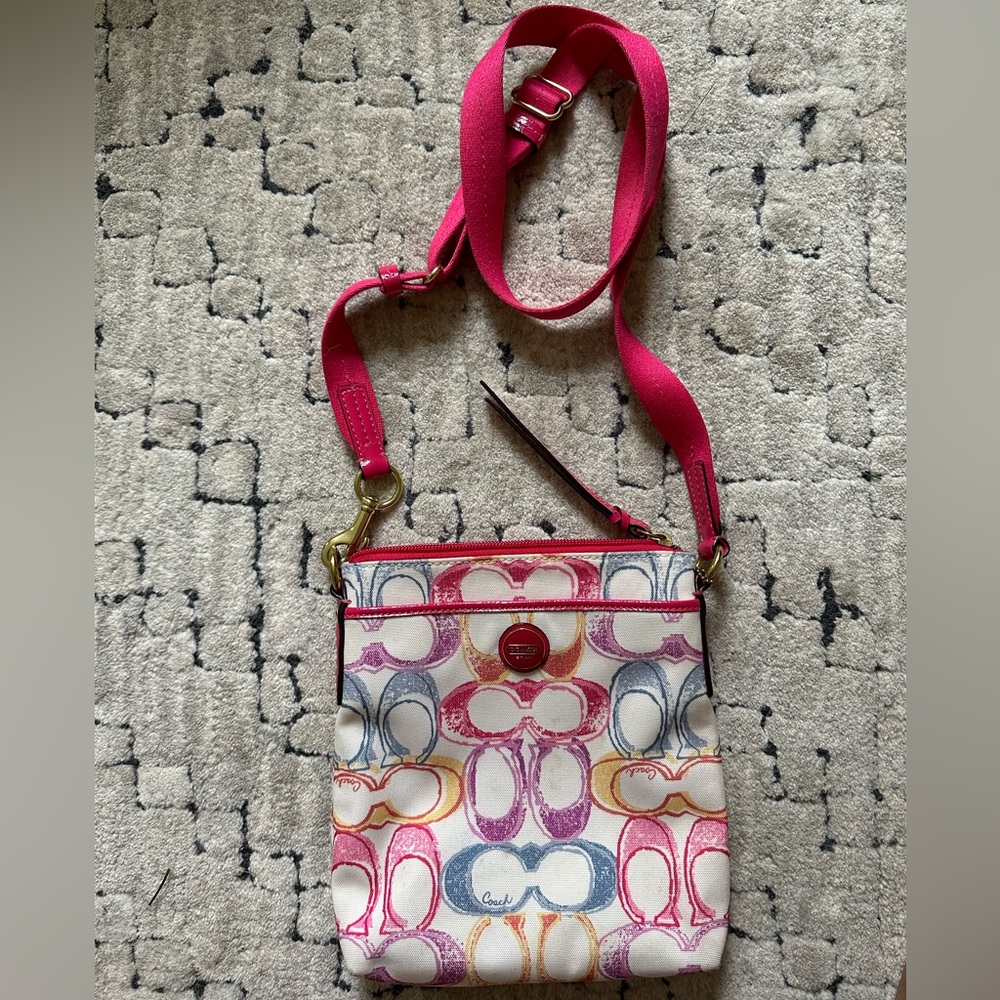 COACH multicolor scribble crossover bag w pink strap